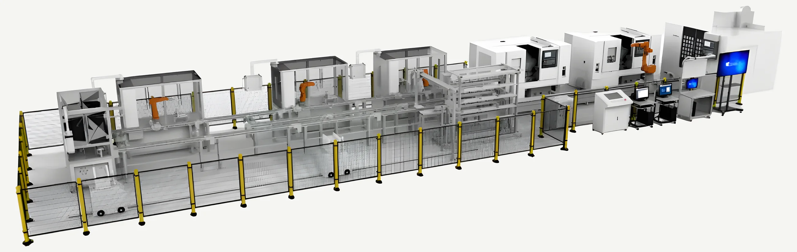 Flashlight production line: fenced robot cells, CNC machines, conveyors, and a control station