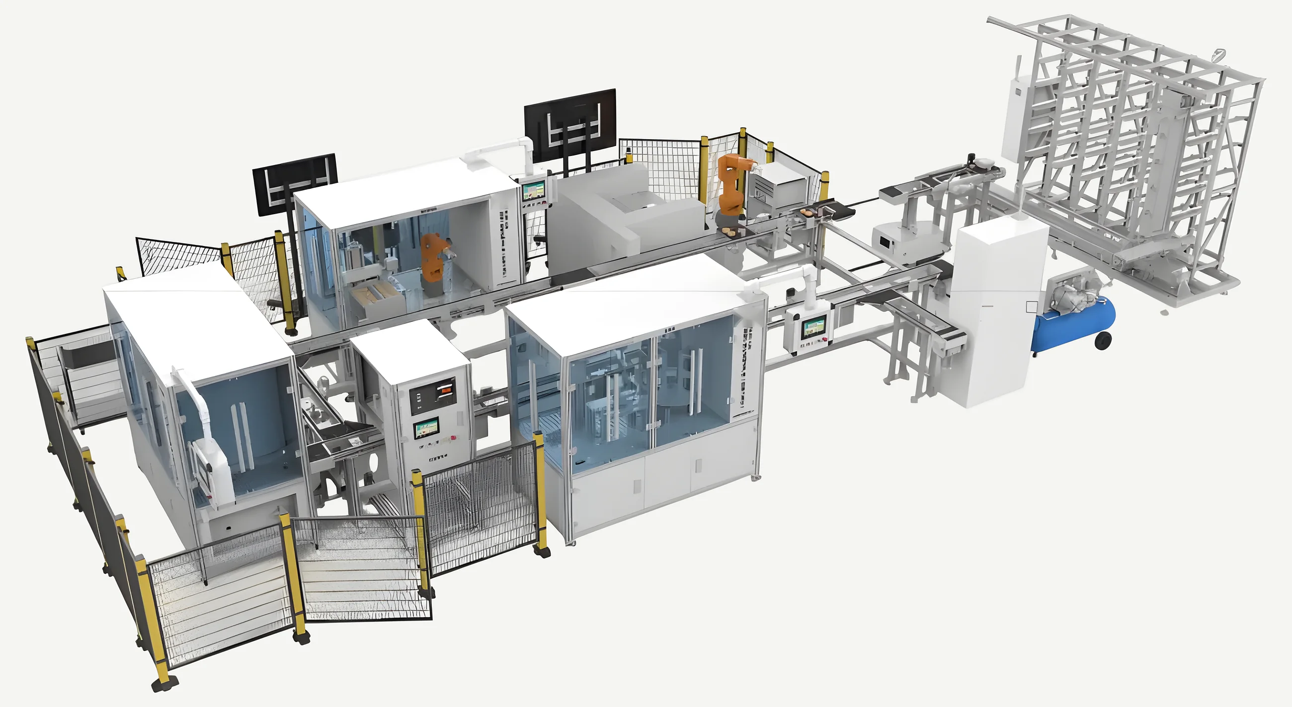 The night lamp line seen from the other side: fenced robot cells, enclosed laser stations, the control cabinet and the conveyor loop